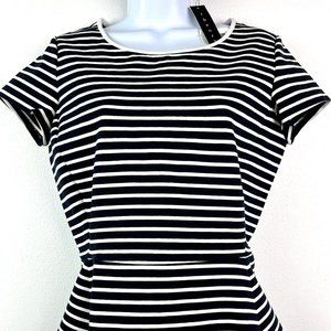 Theory Women's Navy Stripe Peplum Top Size 6 Short Sleeve Zip Back Shirt NWT